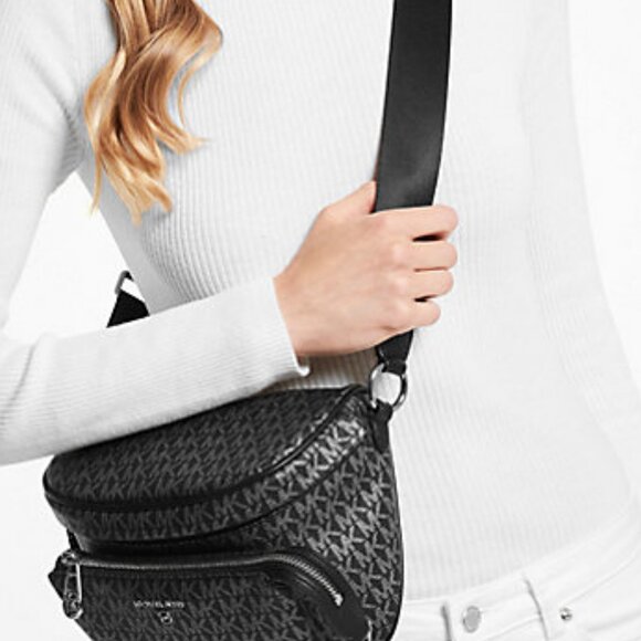 Michael Kors Slater Medium Metallic Logo Sling Pack Gray Black - Picture 1 of 13
